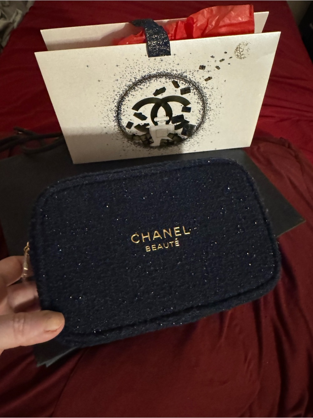 CHANEL Beauté Navy Tweed Cosmetic Pouch with Gold Logo